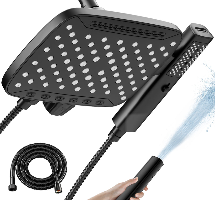 HOPOPRO 2-in-1 High Pressure Rain Shower Head withHandheld, Black Dual Showerheads with Hose, Tool-FreeInstall