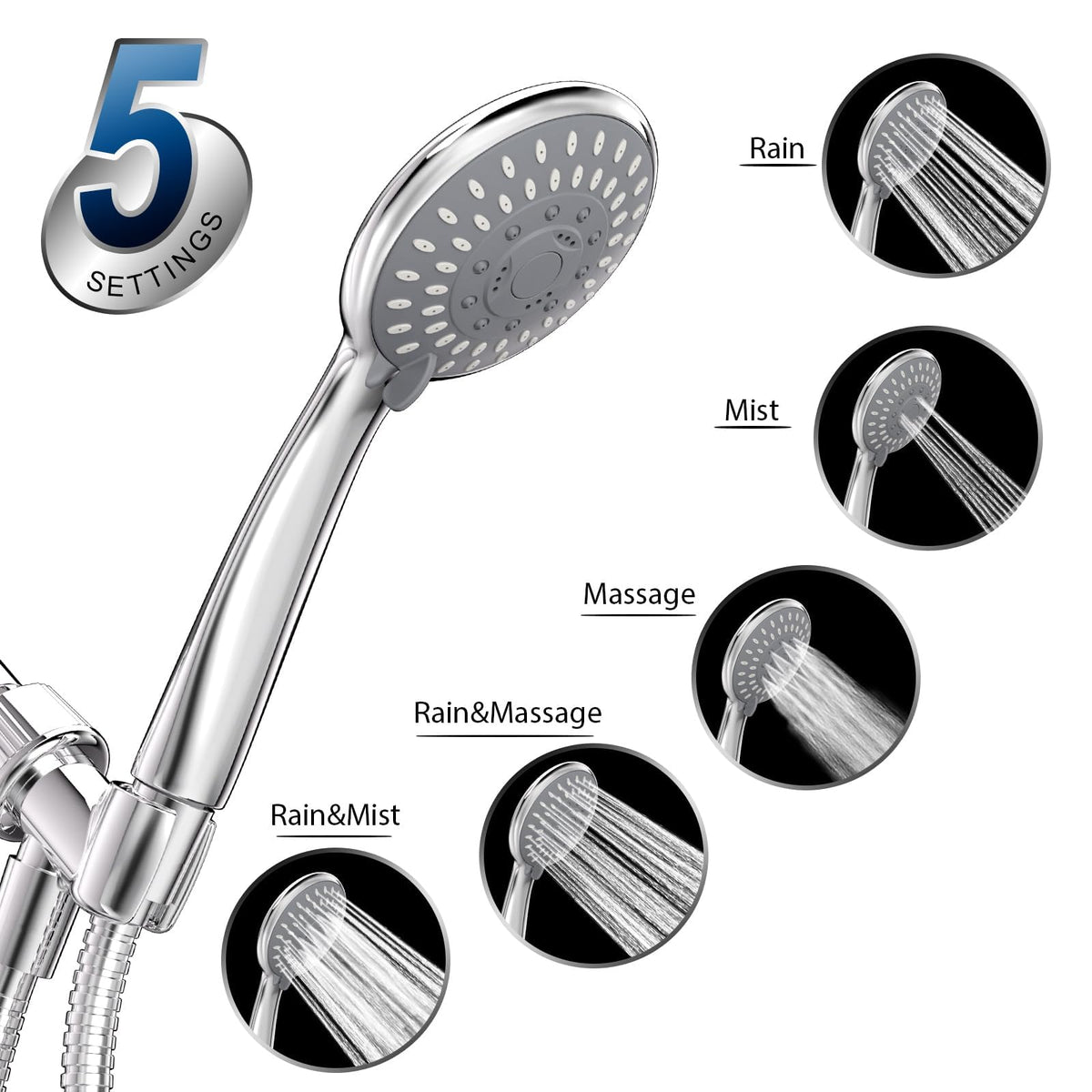 High Pressure Shower Head with handheld, HOPOPRO 5 Spray Settings Deta ...