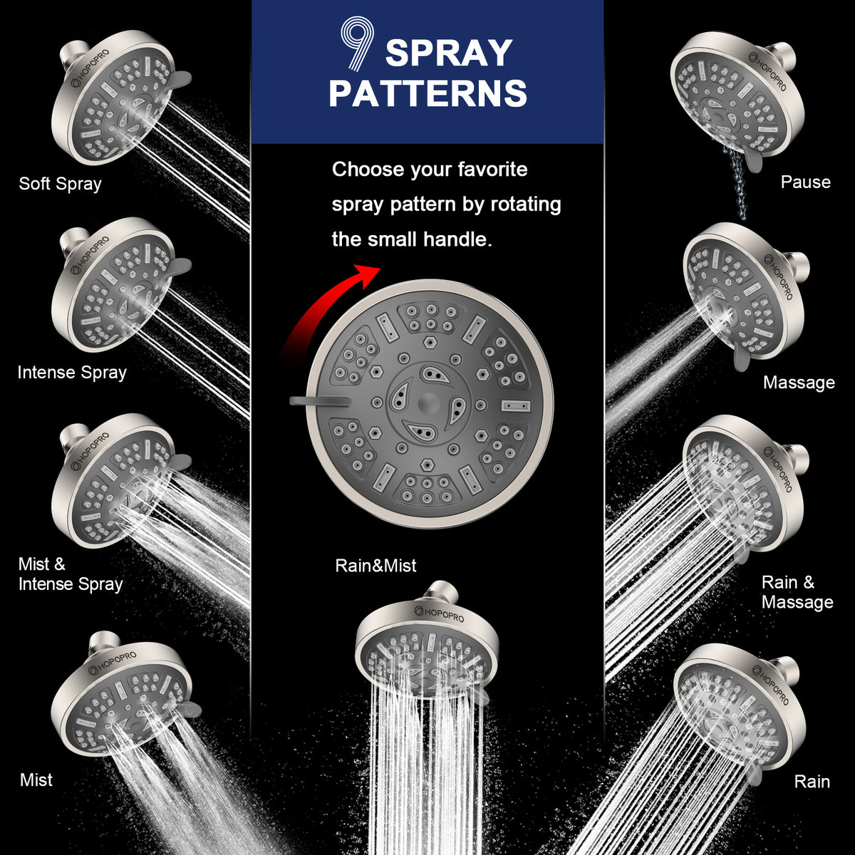 HOPOPRO High Pressure Upgraded 9 Settings High Pressure Shower Head, F ...