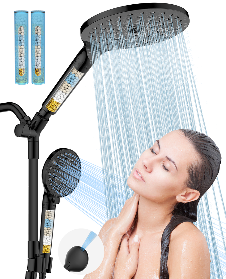 Dual Filtered Handheld Shower Heads Combo, HOPOPRO 15-Mode High Pressure Rainfall Showerheads Combo Set with Filter, for Hard Water, Removes Chlorine, Improves Skin Hair Condition, Chrome